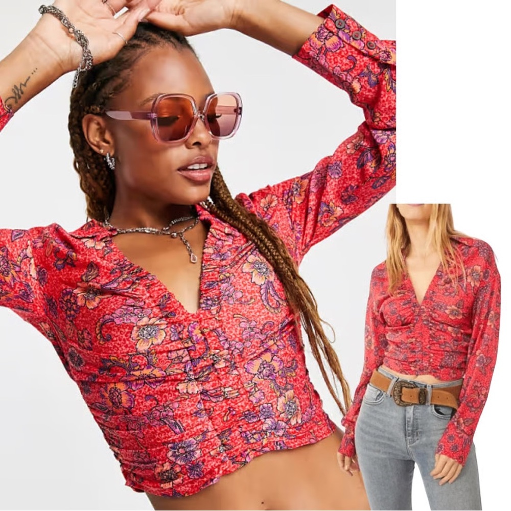 Free people womens XS I got you printed floral top polyester blouse in ruby red